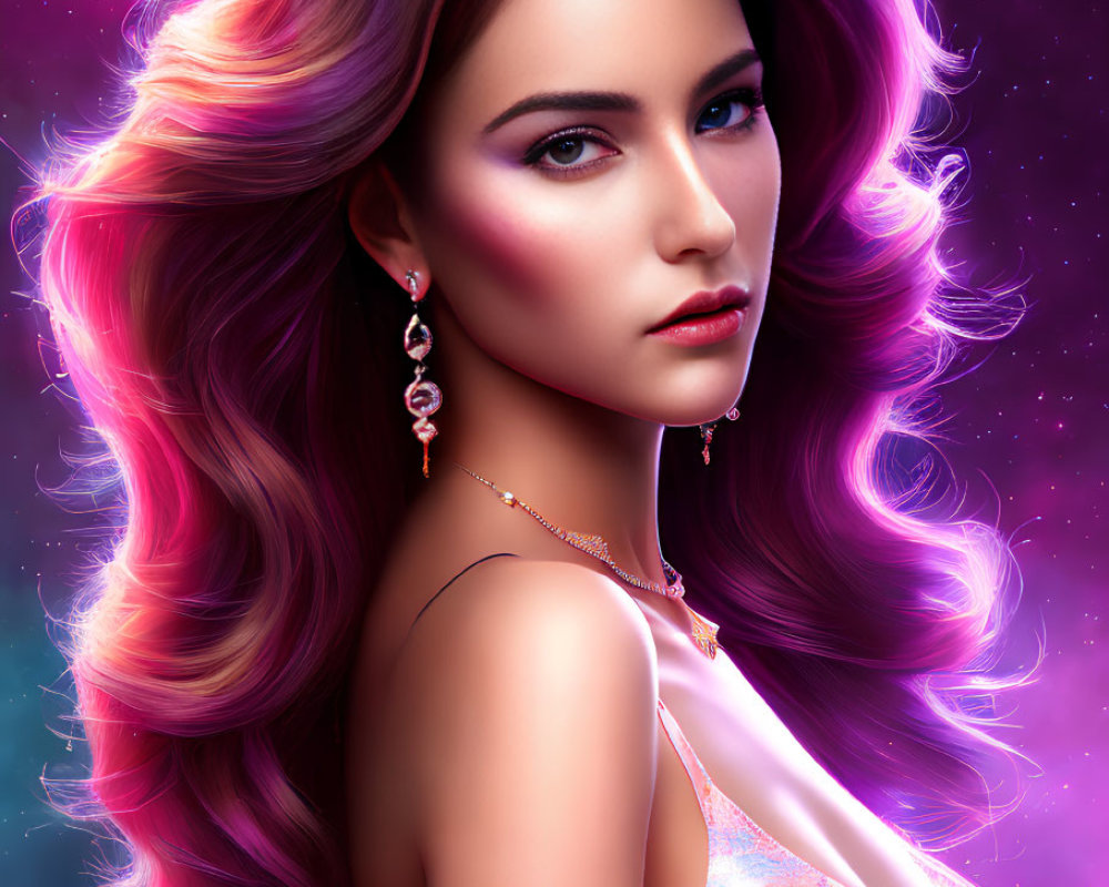 Digital portrait of woman with wavy hair & jewelry on cosmic purple backdrop