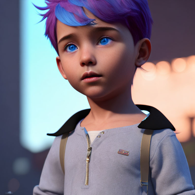 3D-rendered image of child with blue hair and grey outfit