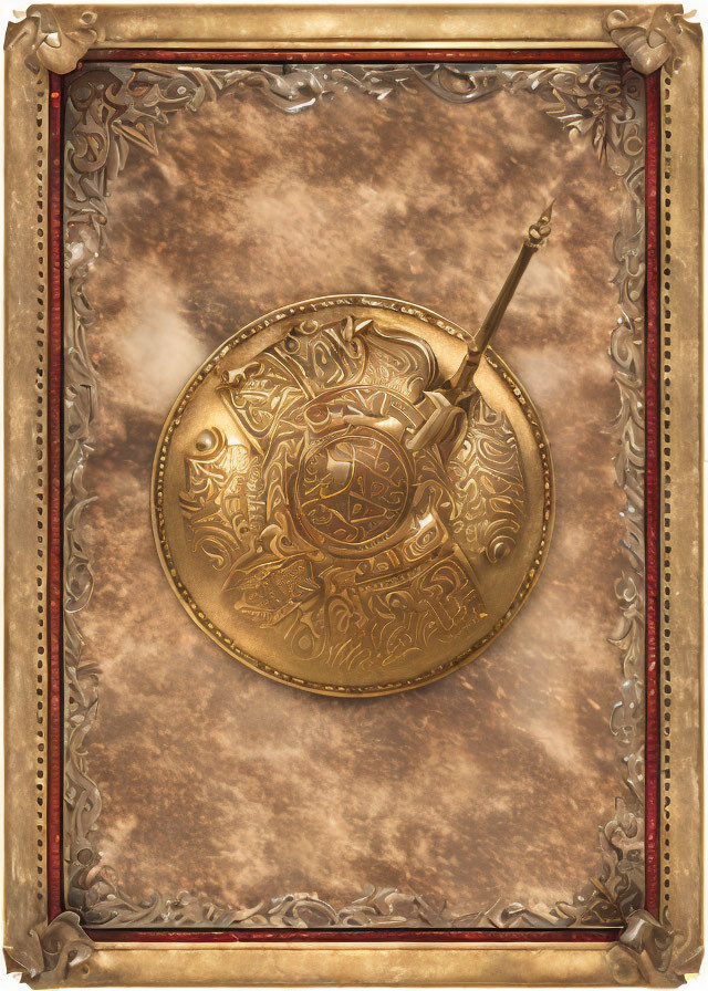 Golden shield and sword on textured background with ornate border