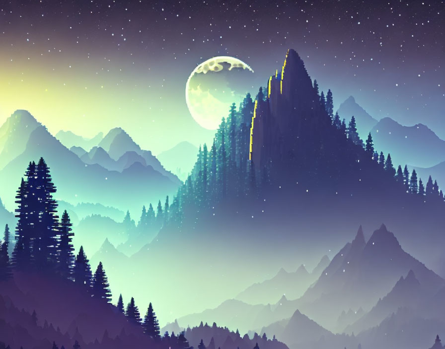 Digital artwork of night mountain landscape with pine tree silhouettes