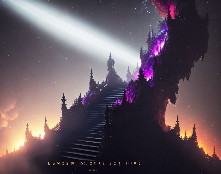 Fantastical night scene with glowing comet, cliff staircase, trees, purple and orange lights