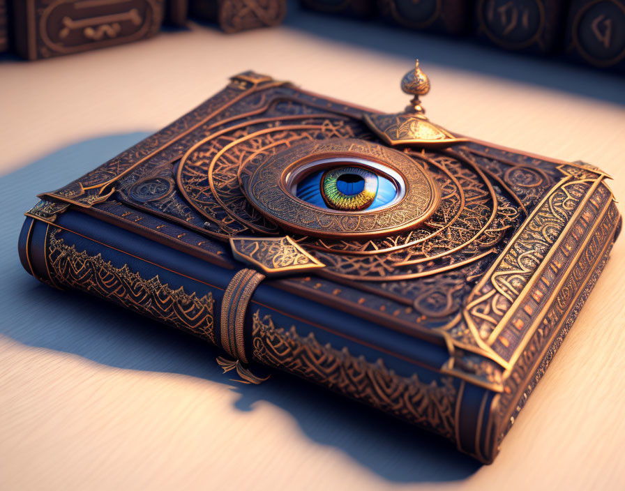 Intricate golden designs adorn book with realistic eye on wooden surface