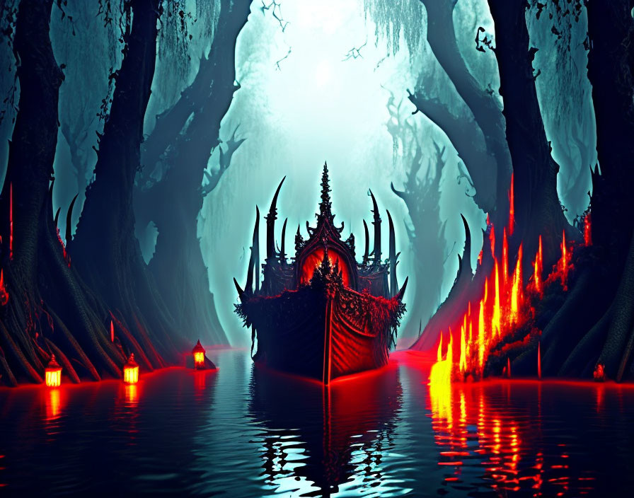 Dark, eerie forest with Gothic structure and crimson river illuminated by lanterns