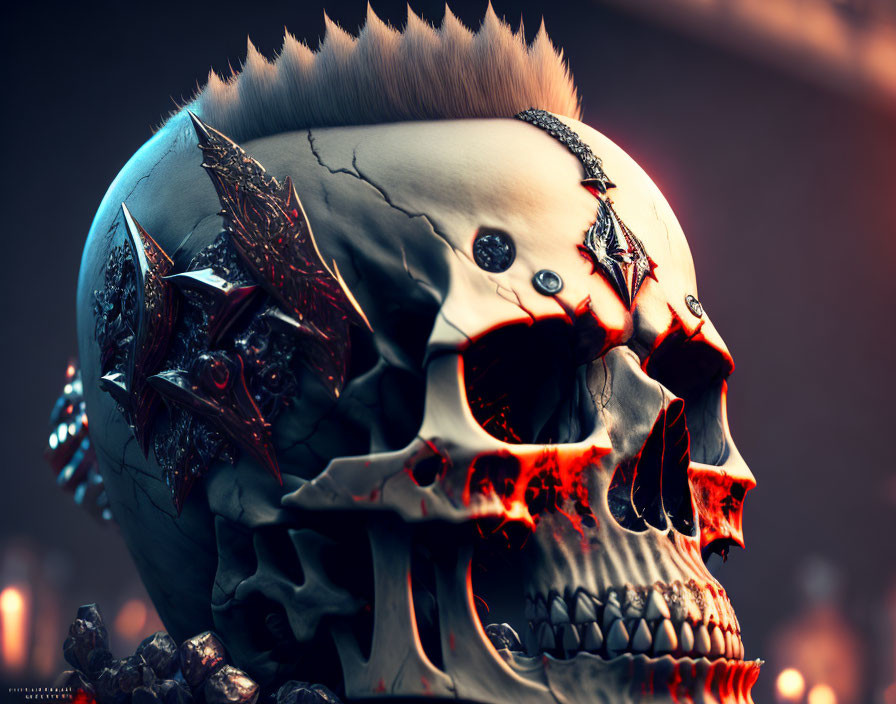 Stylized punk-inspired skull with spikes, chains, and mohawk in red glow on dark