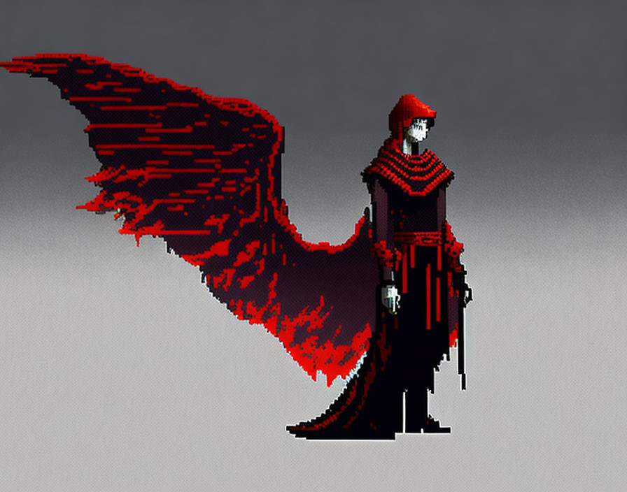 Pixel Art of Figure in Red Cape with Sword and Wing on Grey Background