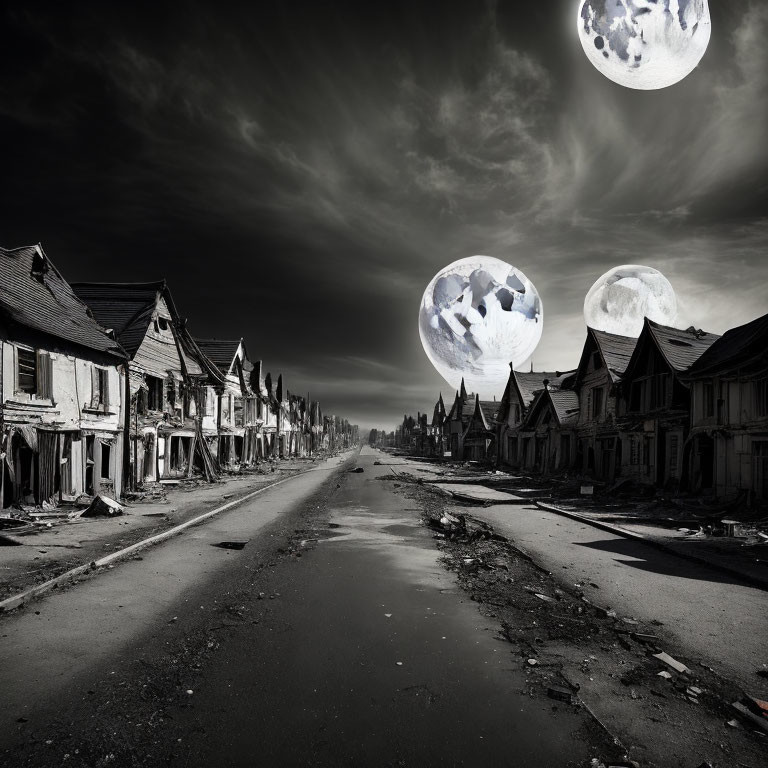 Desolate street with dilapidated houses and surreal moons
