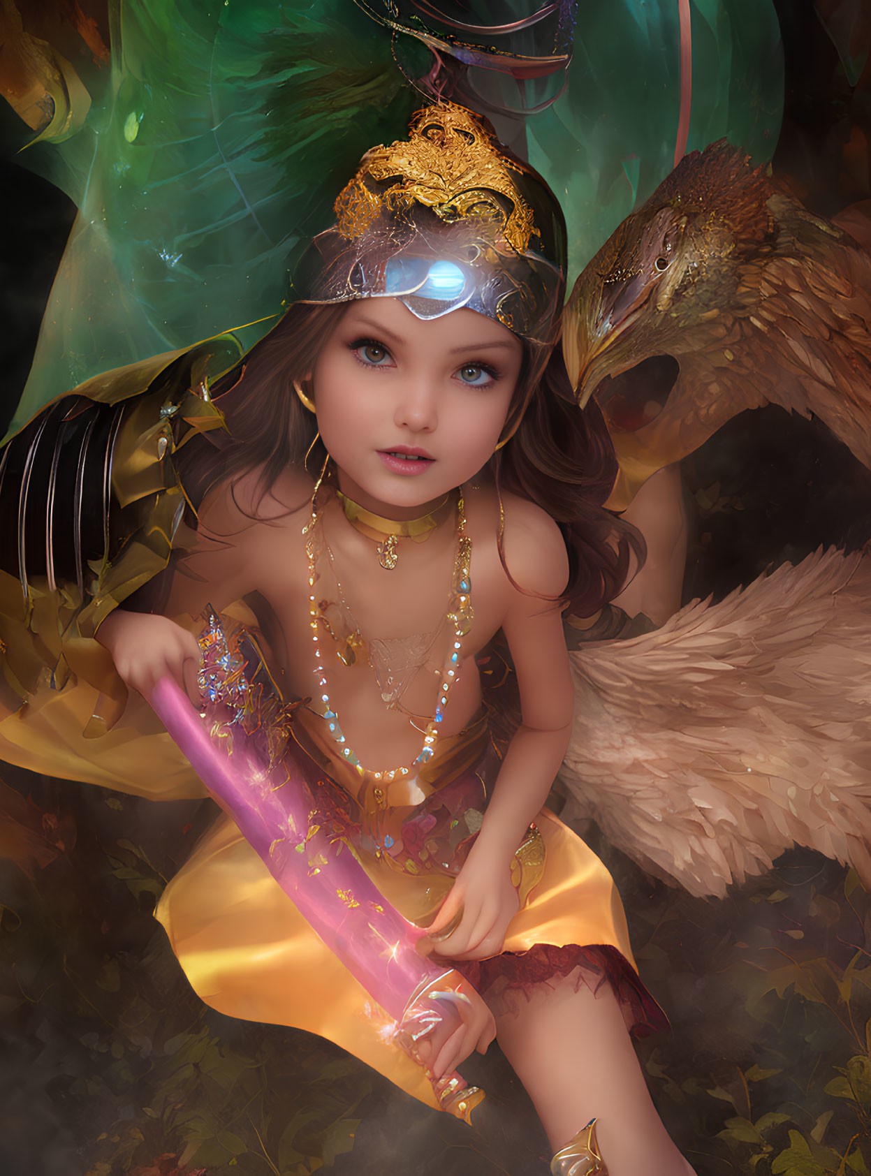 Child in fantasy attire with crown and crystal staff, beside mythical bird