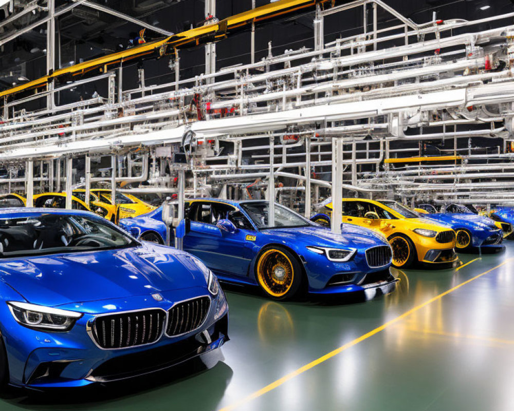 Colorful Sports Cars in Modern Car Manufacturing Plant