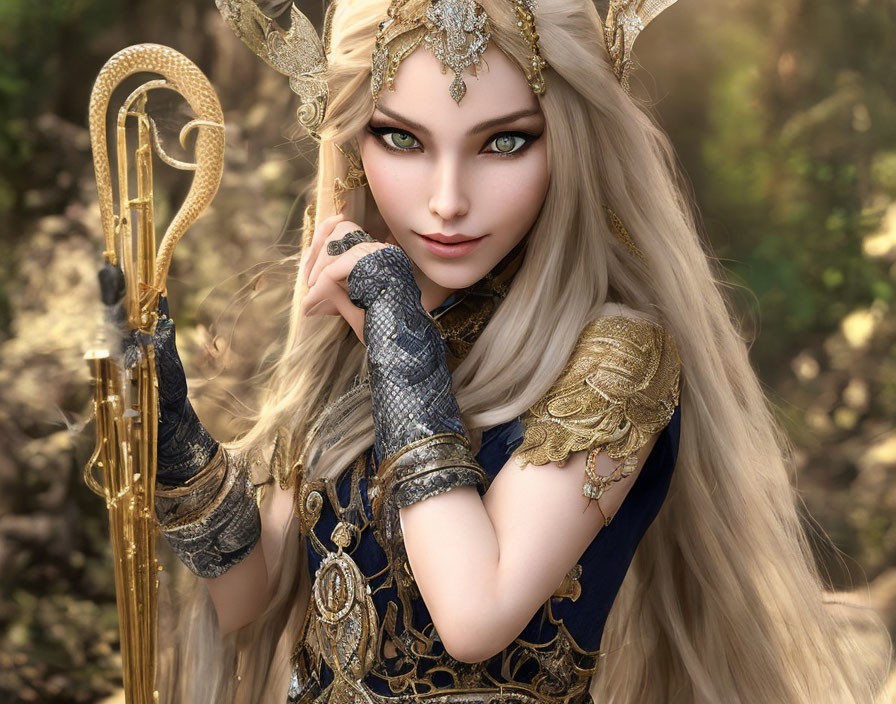 Fantasy elf digital artwork: green-eyed, golden headpiece, armor, staff, enchanted forest
