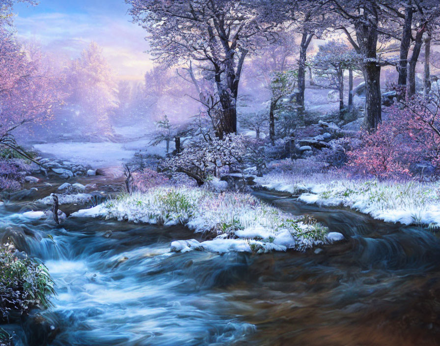 Scenic snowy forest with vibrant stream and pink trees at sunrise