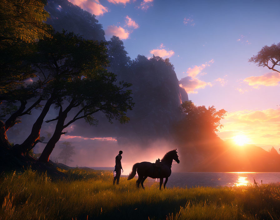 Person with horse at sunset beside serene lake and mountains