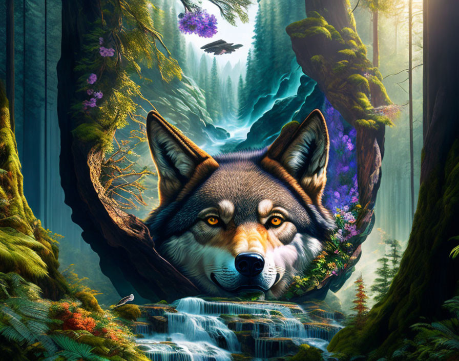 Surreal forest scene with giant wolf head in waterfall surrounded by lush greenery