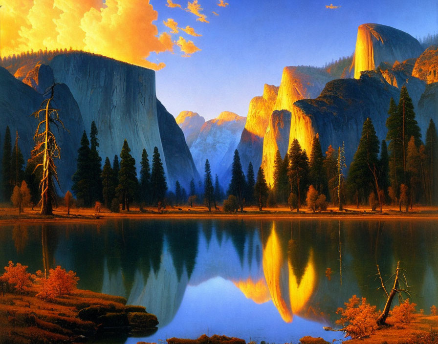 Vivid sunset over towering cliffs reflected in calm lake