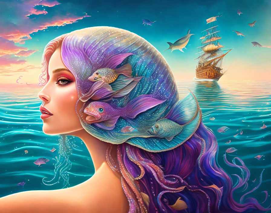 Fantasy illustration of woman with purple hair in ocean scene at sunset