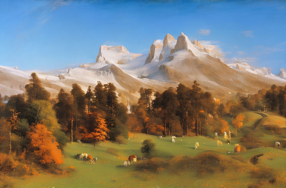 Snow-capped peaks and autumnal forest in serene mountain landscape