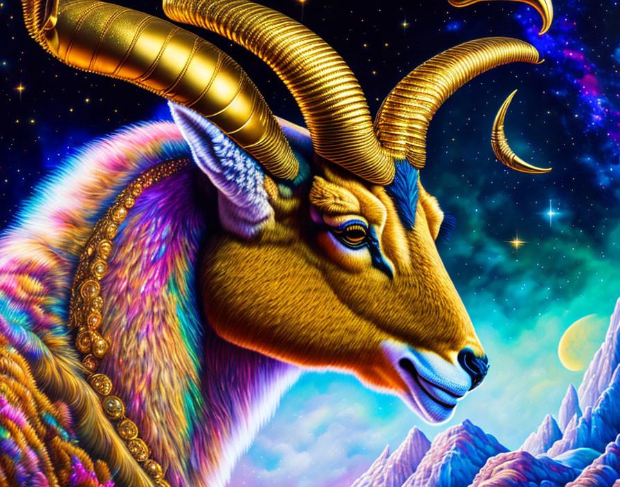 Majestic goat with large horns in cosmic landscape