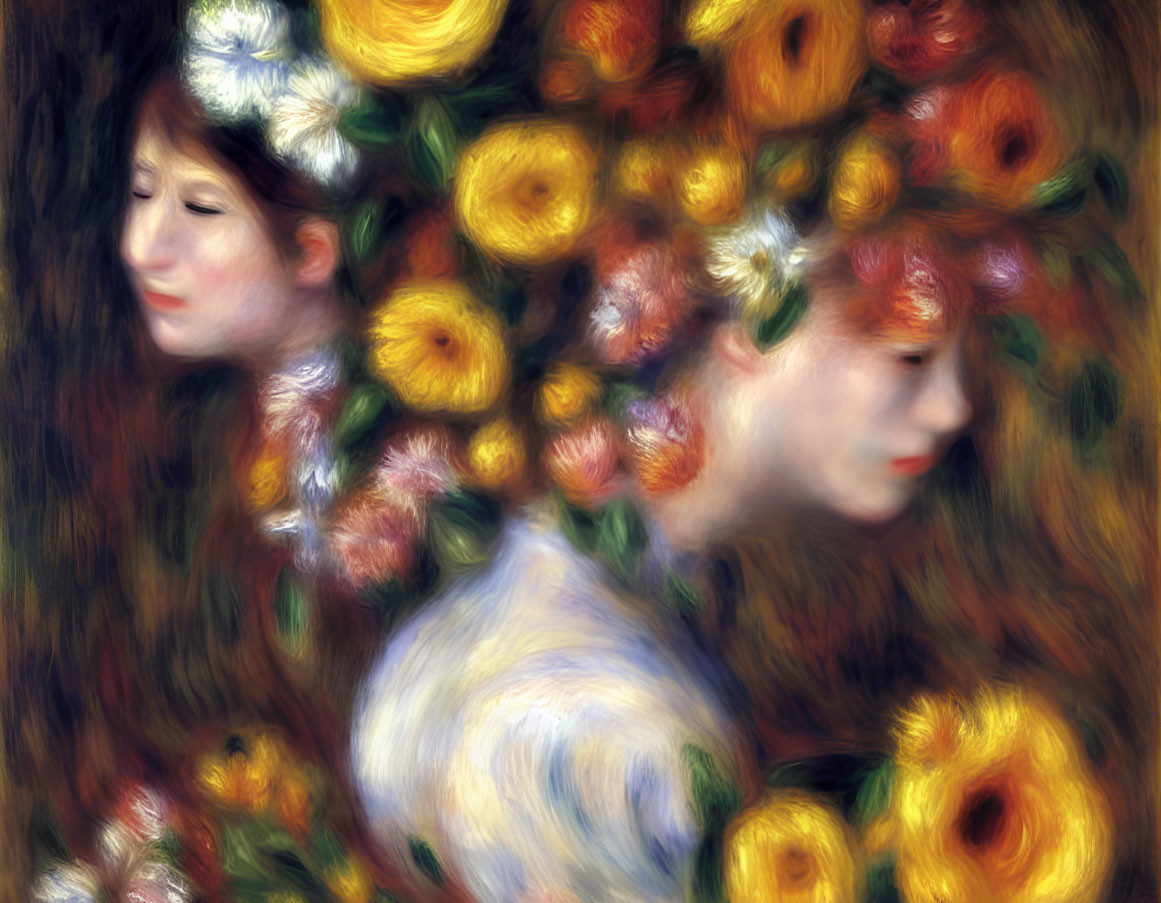 Impressionist-style painting of two figures with floral crowns