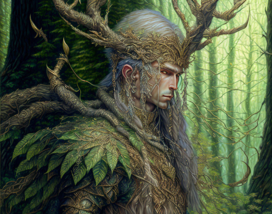 Detailed forest spirit illustration with antler-like branches and golden armor in dense woodland.