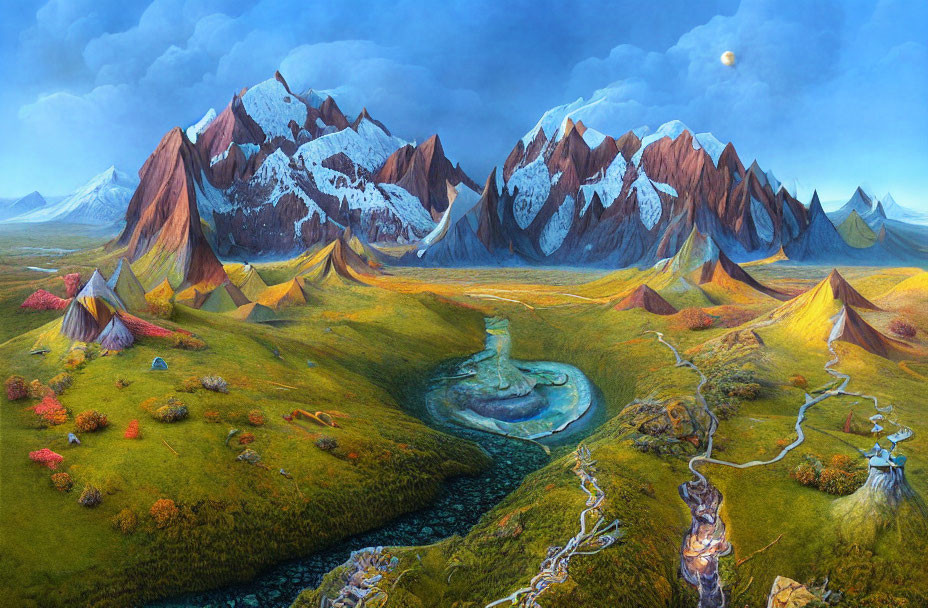 Fantasy landscape with snow-capped mountains, rivers, fields, and colorful tents