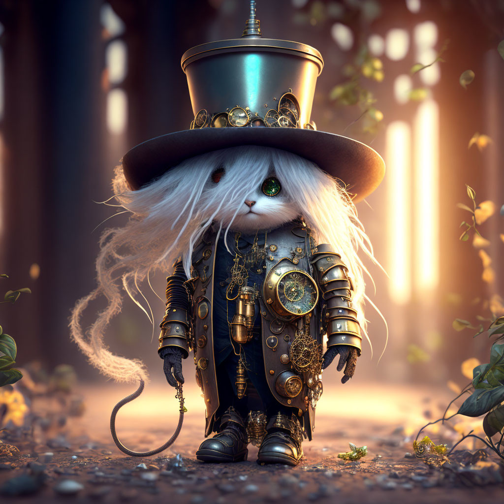 White-Furred Steampunk Creature in Enchanted Forest