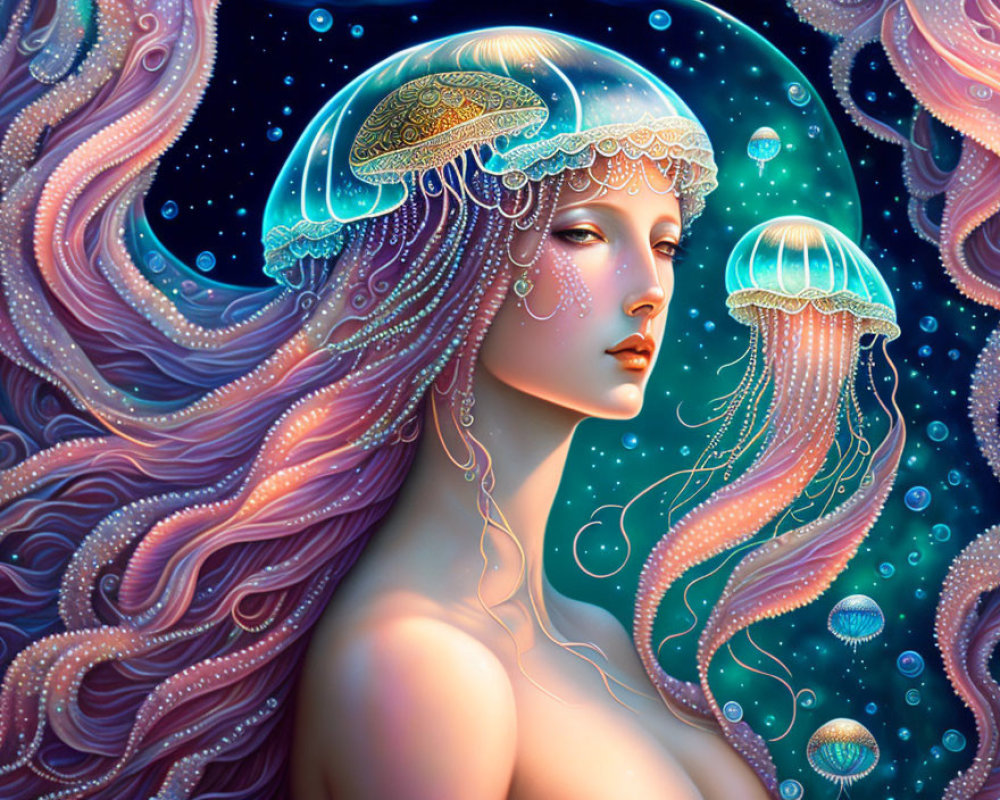 Surreal illustration: Woman with jellyfish-like hair in vibrant marine colors