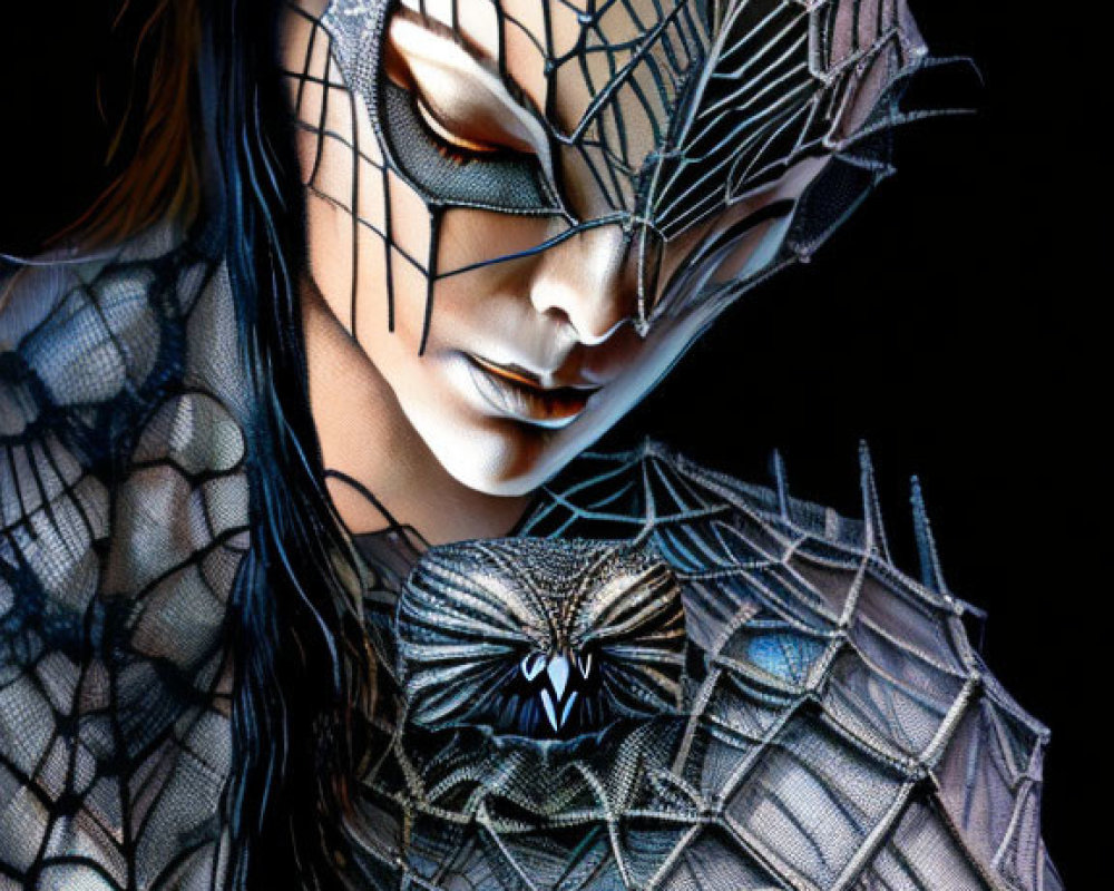 Person with intricate spiderweb makeup and headpiece in gothic aesthetic.