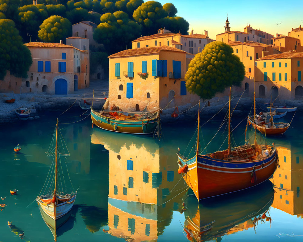 Boats in tranquil harbor with European buildings and lush trees at golden hour