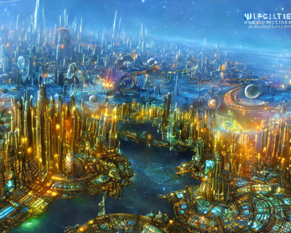 Futuristic cityscape with golden skyscrapers and floating vehicles