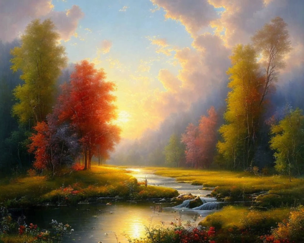 Colorful Autumn Forest Scene with River and Misty Background