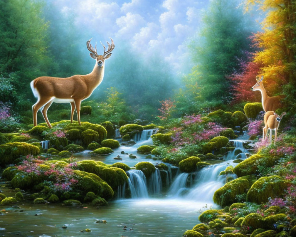Vibrant forest scene with two deer, waterfalls, autumn foliage, and moss-covered rocks
