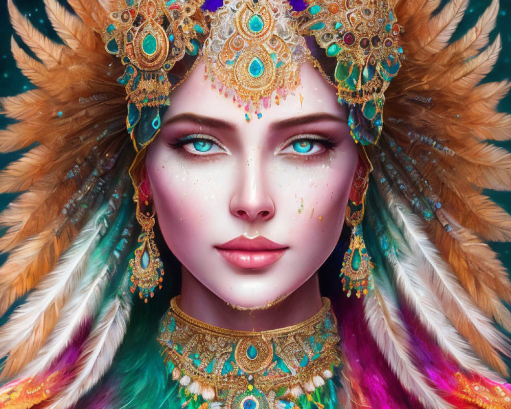 Vibrant digital art portrait of a woman with feather headdress and striking blue eyes