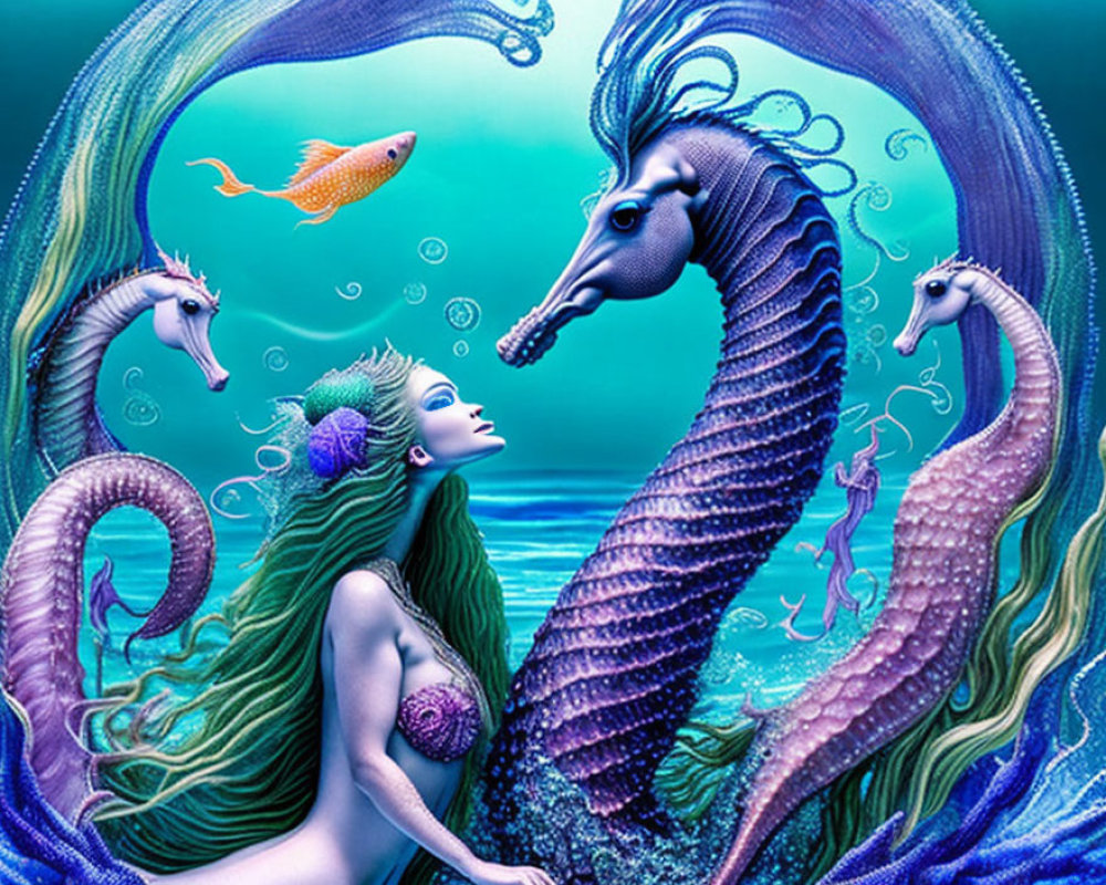 Underwater fantasy scene with mermaid, seahorses, and oceanic flora in vibrant turquoise setting