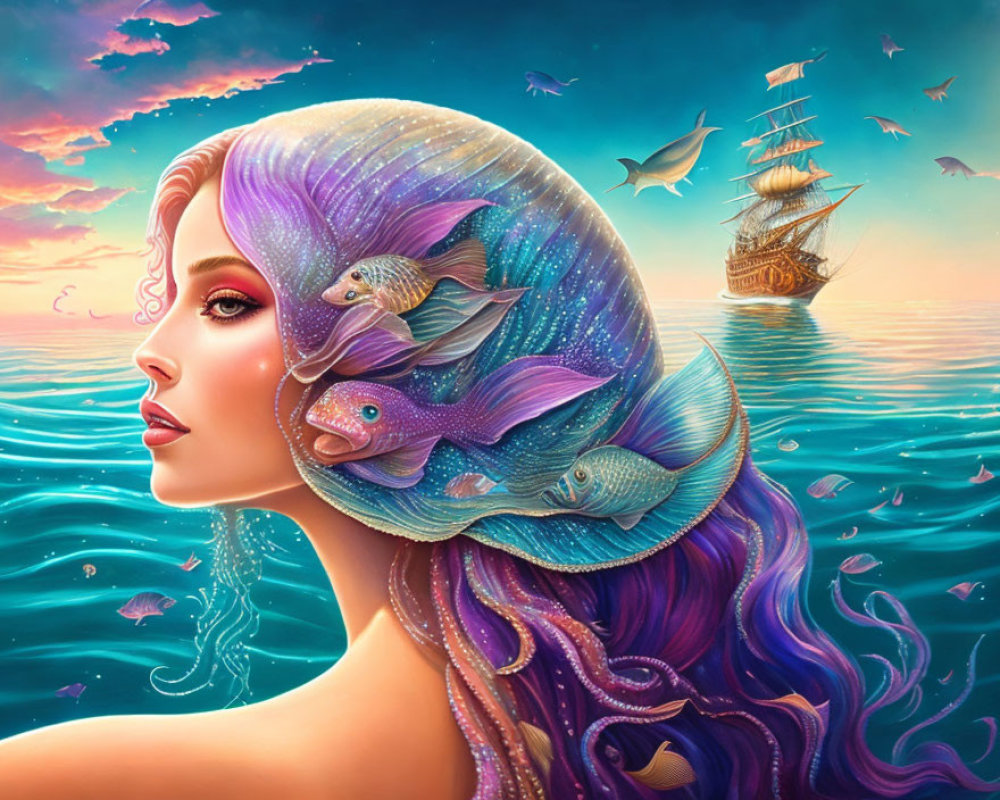Fantasy illustration of woman with purple hair in ocean scene at sunset