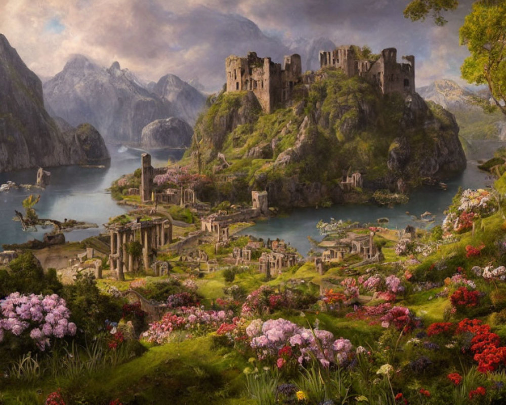 Scenic landscape with ancient castle ruins, lush greenery, lakes, mountains, and blooming flowers