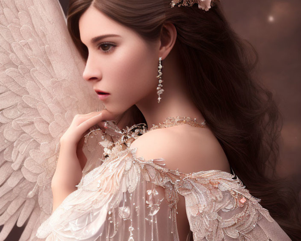 Angel-winged woman in floral tiara and elegant gown poses thoughtfully