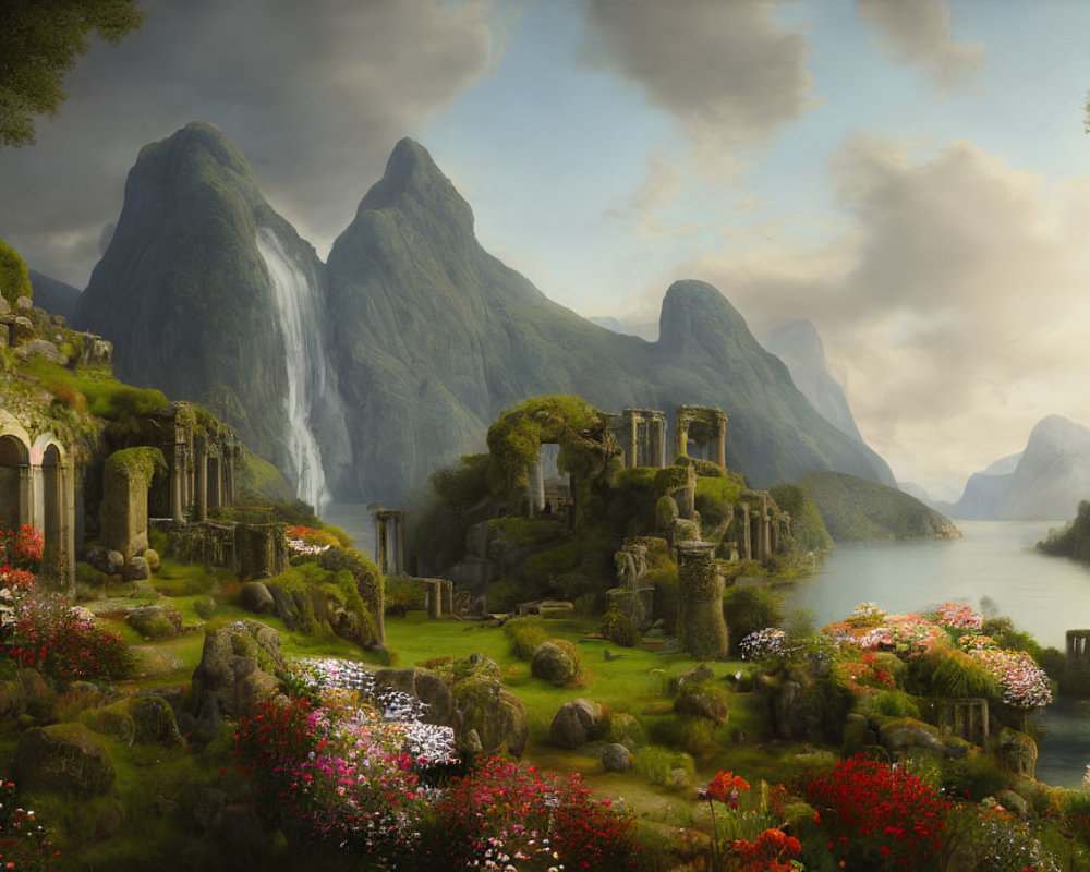 Mythical landscape with lush greenery, mountains, waterfalls, ruins, and flowers