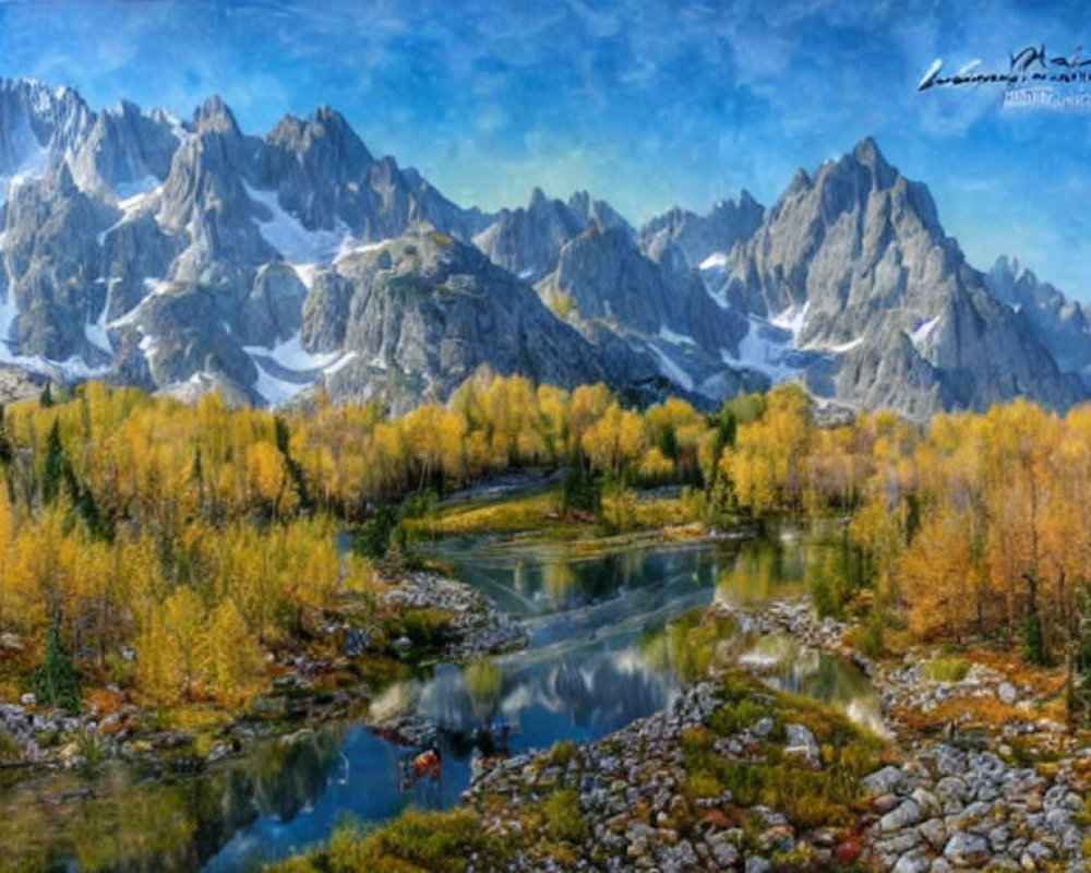 Majestic mountain peaks, serene river, autumn trees, and rocky foreground.
