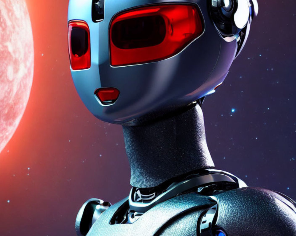Futuristic humanoid robot with red optical sensors in cosmic setting