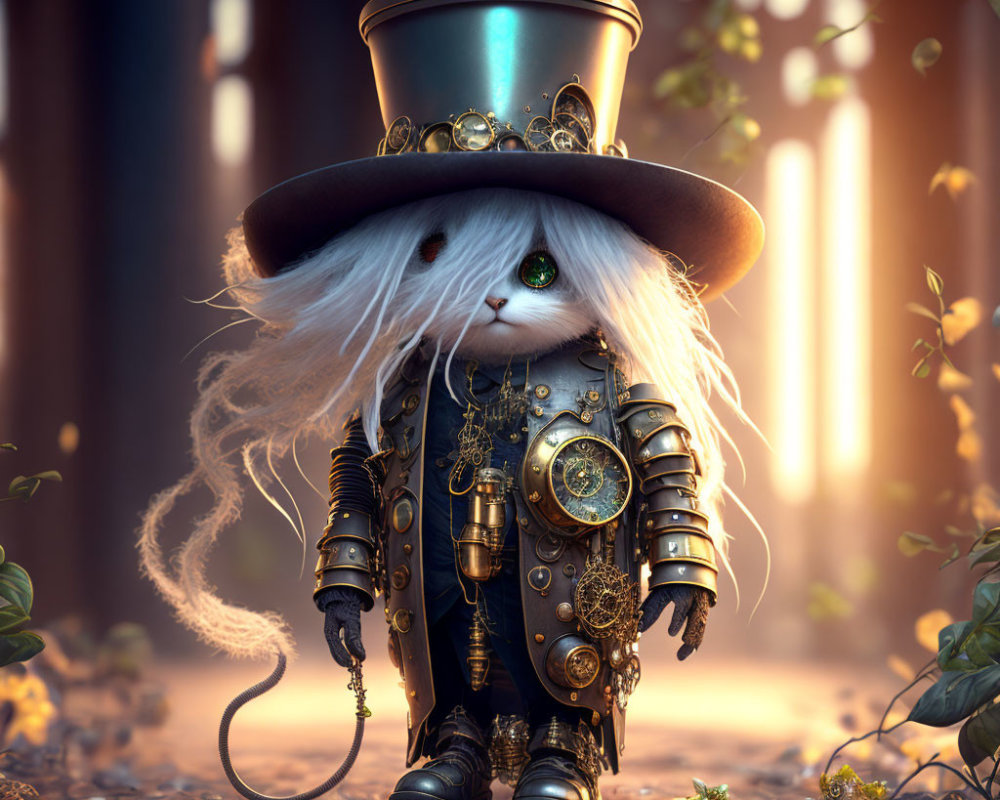 White-Furred Steampunk Creature in Enchanted Forest