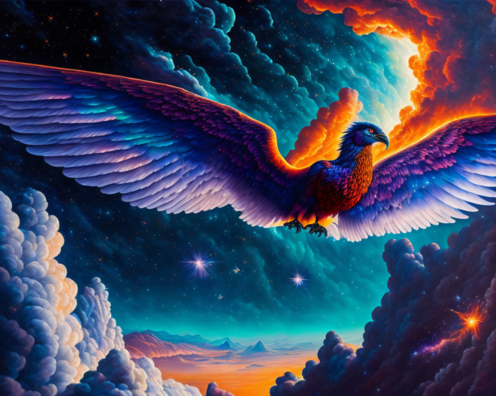 Majestic eagle soaring over surreal starlit sky