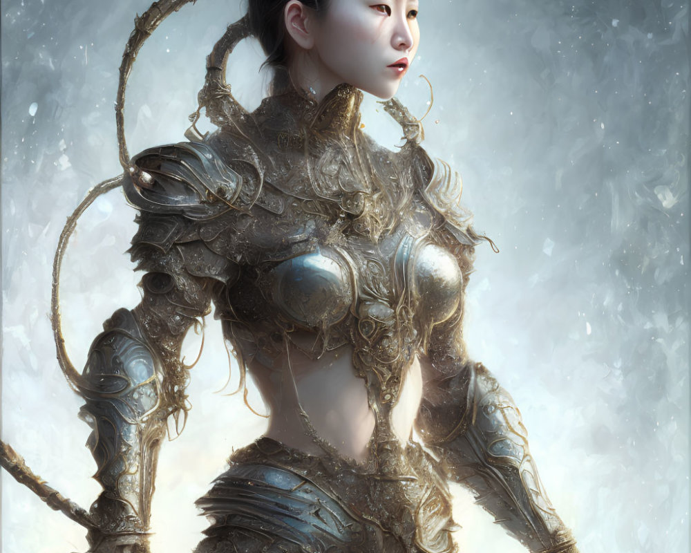 Digital artwork: Armored warrior woman with traditional hairstyle in snowy setting