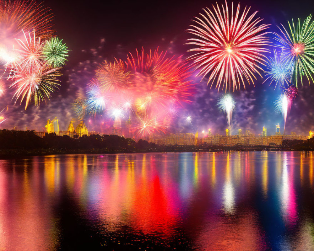 Colorful fireworks illuminate cityscape and water at night