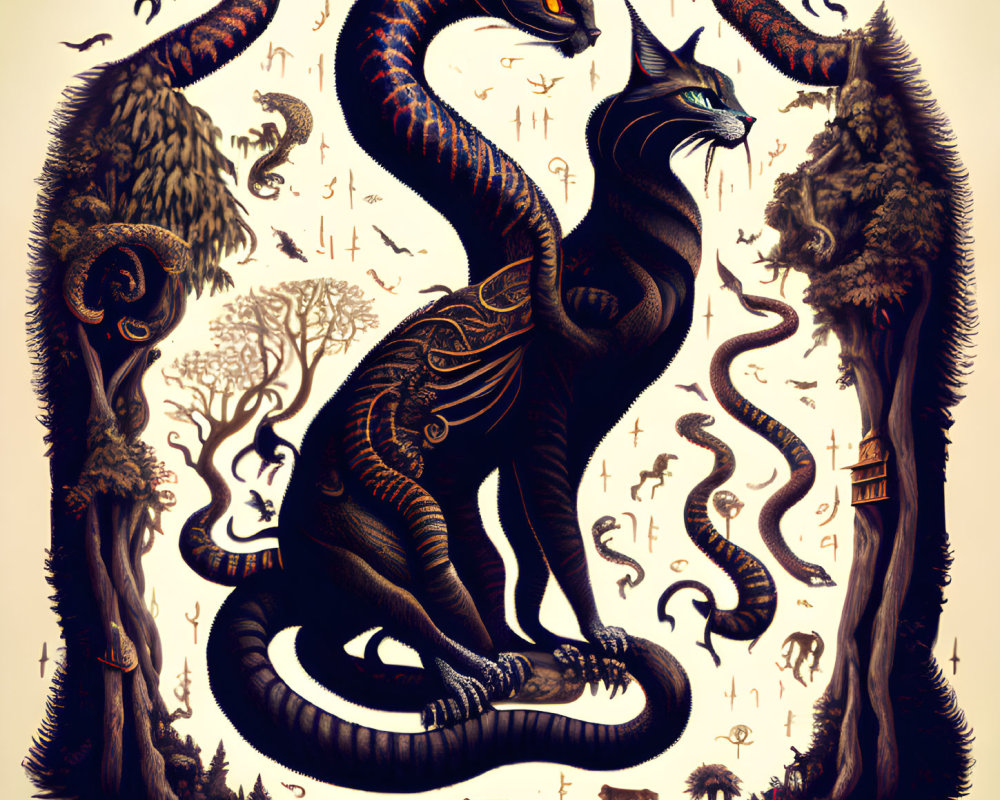 Detailed mythical black cat illustration with serpent-like body and mystical elements.