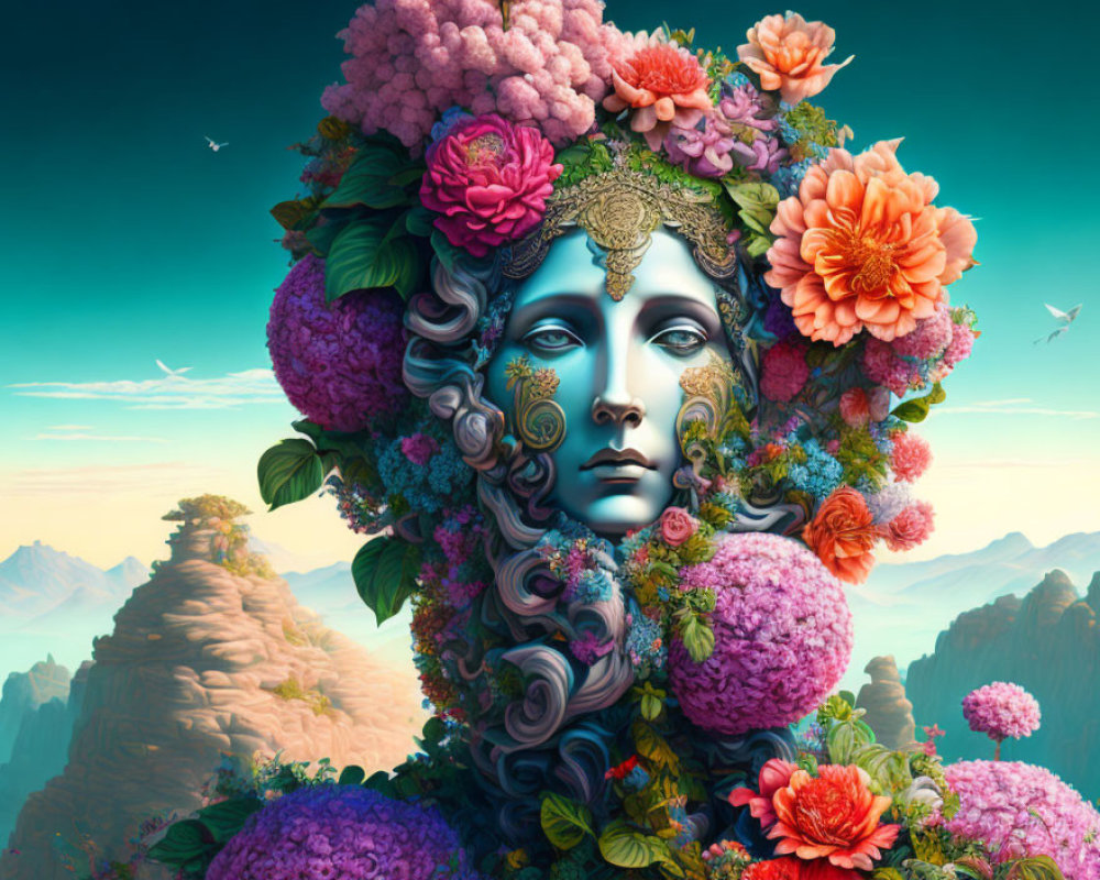 Colorful digital artwork: Woman's face with floral motifs in mountain landscape