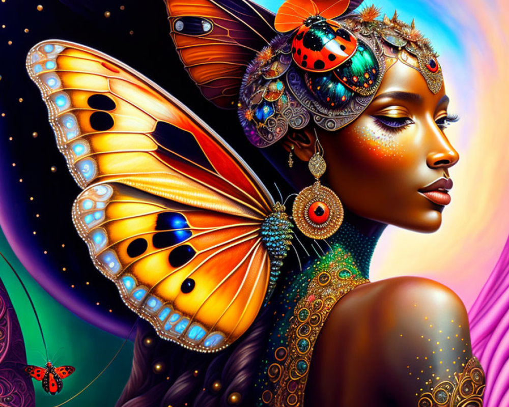 Colorful digital artwork of woman with butterfly wings and jewelry on cosmic background