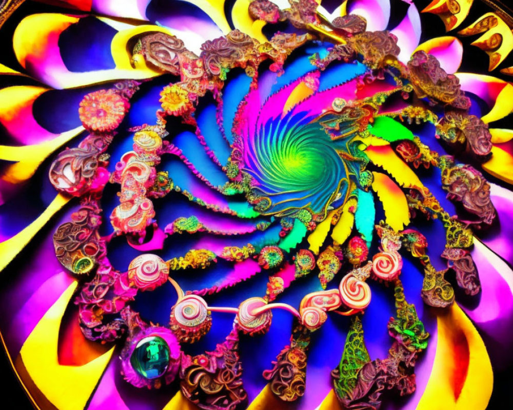 Colorful Digital Fractal Image with Swirling Patterns and Jewel-Tone Accents