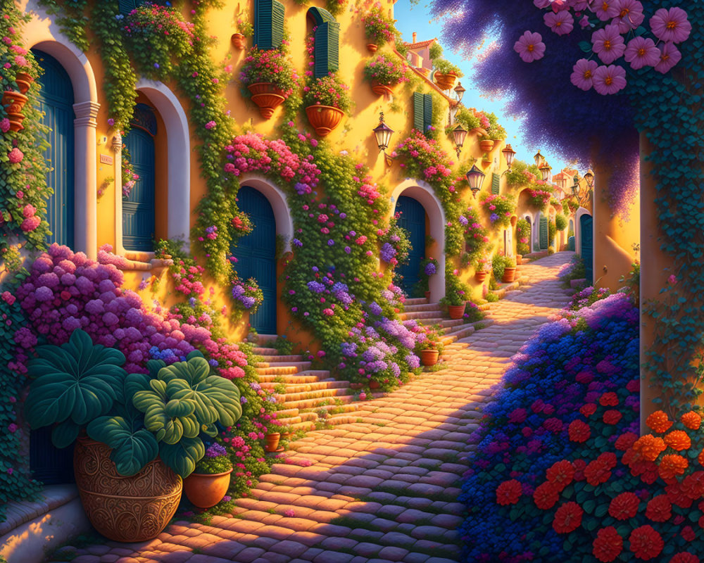 Colorful Cobblestone Street with Flowers, Plants, and Trees