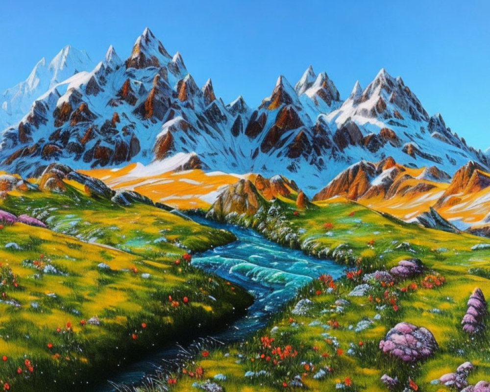 Colorful Landscape Painting: Snow-Capped Mountains, River, Meadow & Flowers
