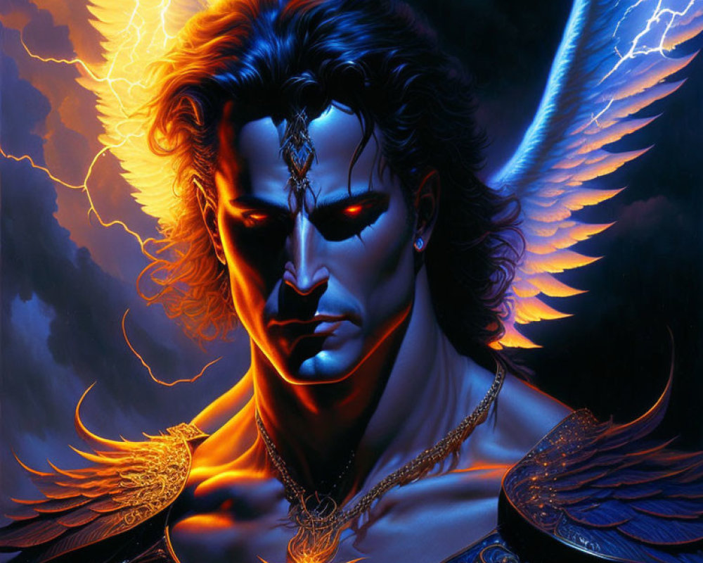 Fantastical male figure with glowing red eyes and angelic wings in dynamic lightning