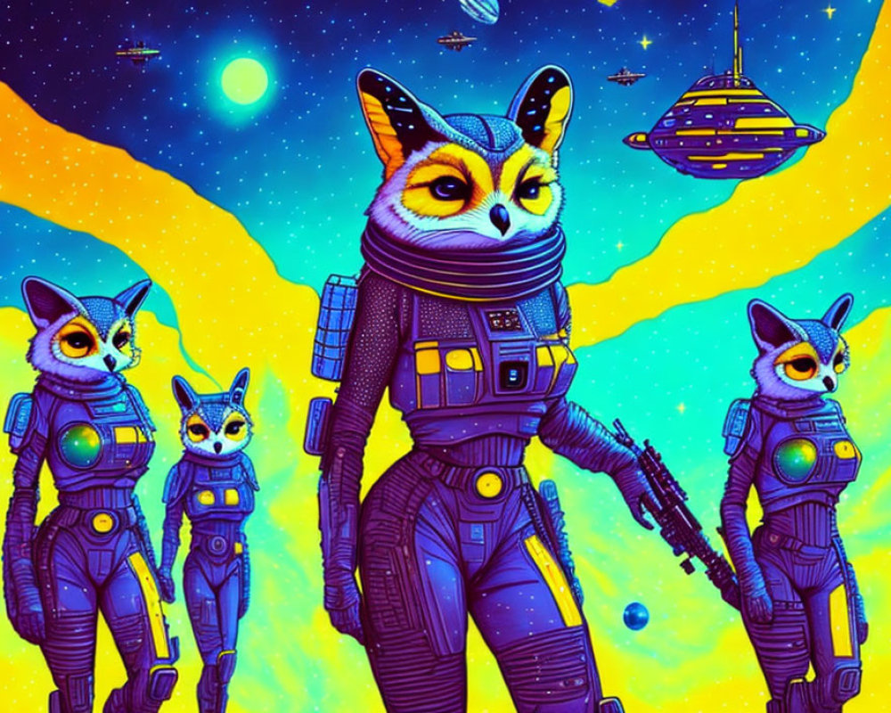 Anthropomorphic foxes in space suits on alien landscape with spaceships and planets.